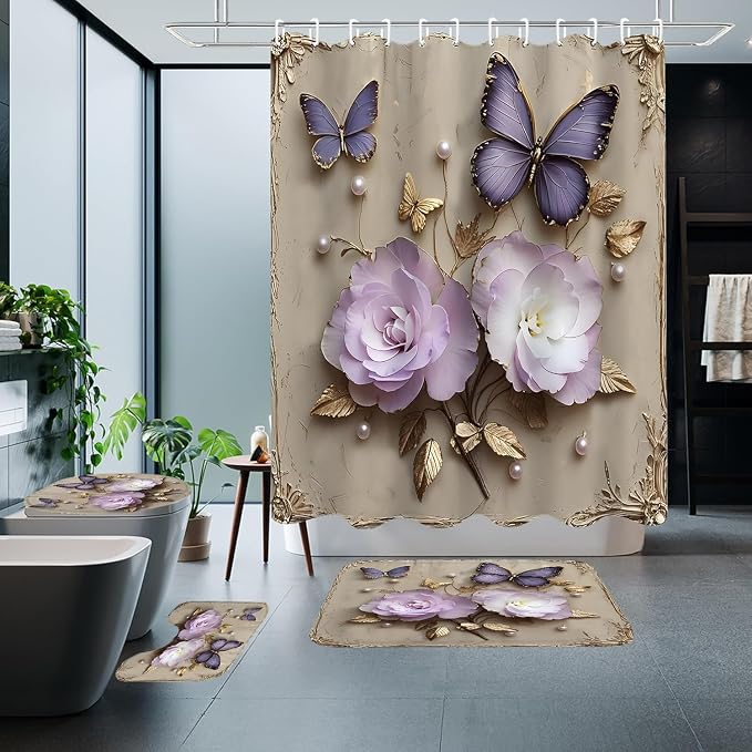 Chrainy 4pcs Vintage Butterfly Shower Cutain Set Bathroom Decor with Rugs | Bath Accessories with Waterproof Curtain, Bath Mat, Toilet Lid Cover, U-Shaped Rug and 12 Hooks for Washroom, 71*71in