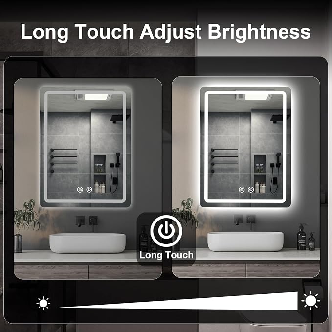 LED Bathroom Mirror, 20x28 in Vanity Mirrors with Backlit Lights for Shaving, Fogless Makeup Mirror Wall Mounted with Demister, Dimmable 3 Color Lighting, IP54, Vertically Only