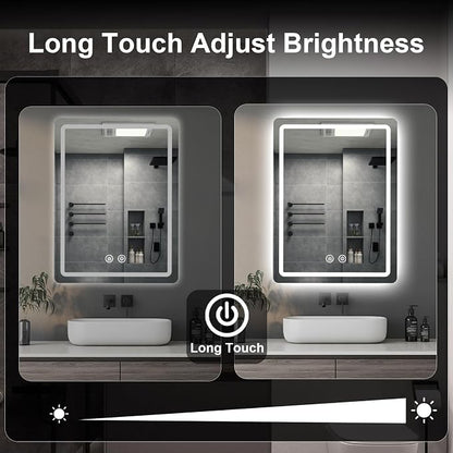 LED Bathroom Mirror, 20x28 in Vanity Mirrors with Backlit Lights for Shaving, Fogless Makeup Mirror Wall Mounted with Demister, Dimmable 3 Color Lighting, IP54, Vertically Only