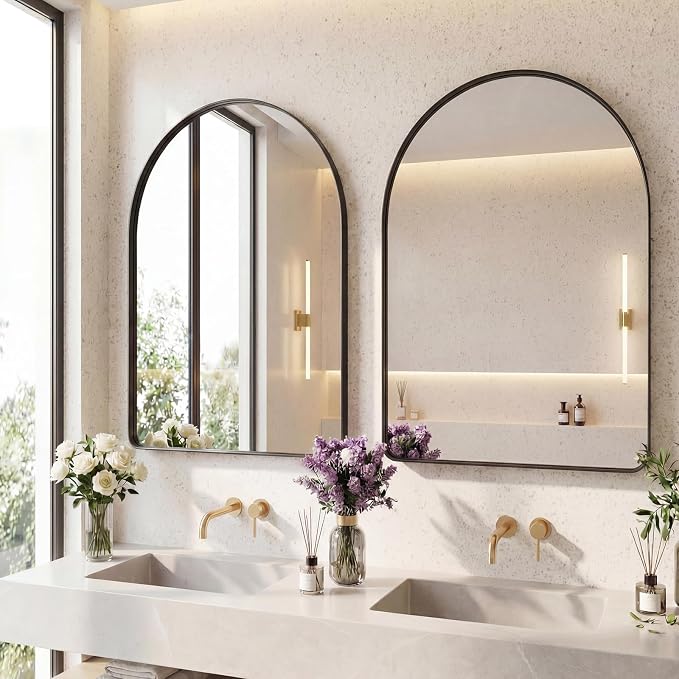 OLIXIS 30x20 Inch Arched Bathroom Wall Mirror, Rounded Rectangle, Black | Modern Wall Mount Vanity Mirror for Over Sink with Matte Metal Deep Framed, for Home Decor, Living Room