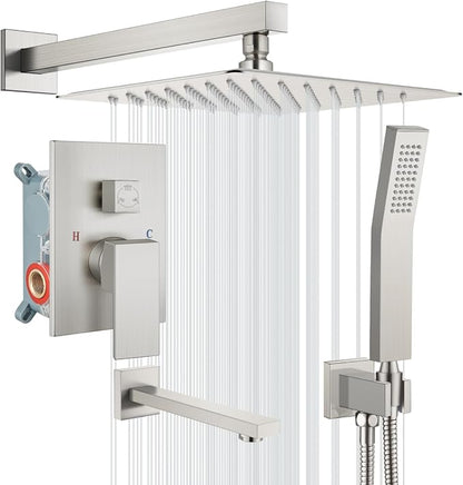 gotonovo Bathtub Shower Faucet Set, 12 Inch Shower Head, Brushed Nickel | Wall Mounted Shower System with Tub Spout for Bathroom, Square High Pressure Rain Shower head with Handheld Spray, All Metal