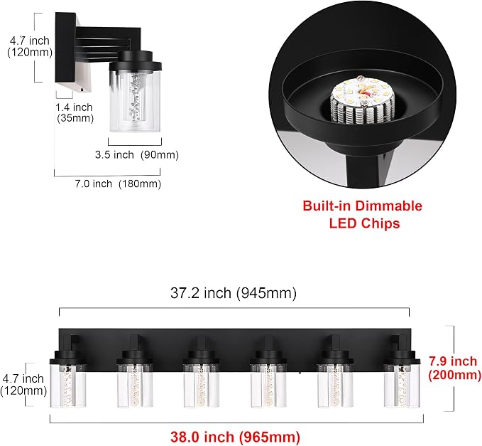 MELUCEE 6-Light Dimmable LED Bathroom Light Fixtures in Black Finish | Modern Bubble Crystal Vanity Lights for Bathroom 5CCT LED Wall Light Fixture with Clear Glass Shade,Built-In Led Chips