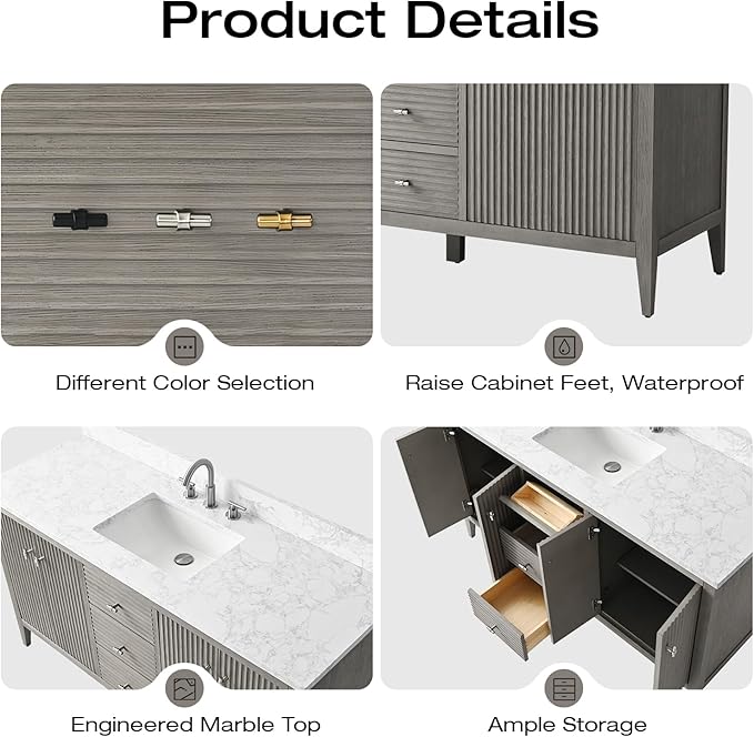 Vanity Art 60 inch Bathroom Vanity with Single Sink & Ceramic Top, Vanity Cabinet with Soft-Closing Door, Solid Wood Frame, Linear Pattern, Driftwood Gray, VA9160-SDG-MB,Matte Black Handles
