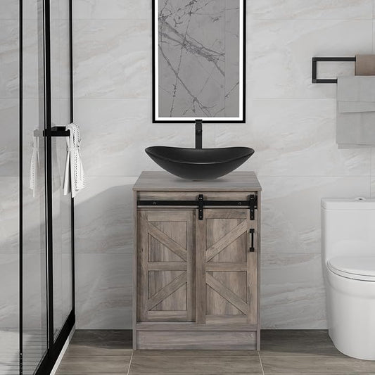 24" Farmhouse Bathroom Vanity with Sink, Bathroom Storage Cabinet with Sliding Barn Doors & Metal Handle, Freestanding Vanity with Black Ceramic Boat Sink Combo Set