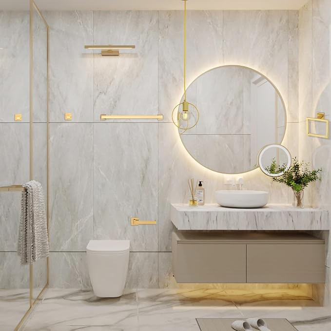 5-Piece Brushed Gold Bathroom Hardware Set - Hand Towel Bar, Toilet Paper Holder, Towel Ring & Rack