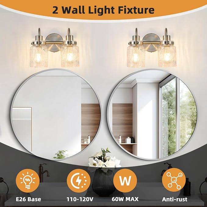 2 Lights Bathroom Vanity Light, Brushed Nickel Bathroom Light Fixtures with Hammered Glass Lampshade for Dressing Table,Over Mirror,Hallway