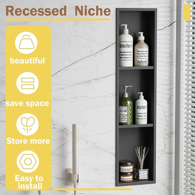 Tall Niche Three-Tiered Shelves Embedded in The Wall，Shower Niche No Tile Needed for Bathroom Niche Decor ，Stainless Steel（Black 8"x 36"）