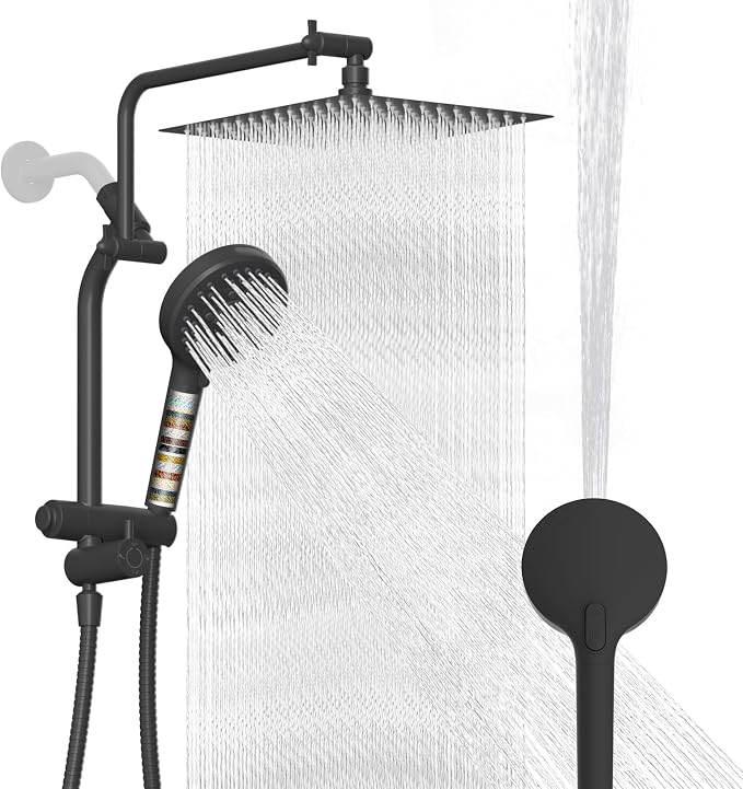 Metal 12" Rain Showerhead with 10-Spray Handheld, Easy Reach 4-way Diverter | Matte Black Finish, Upgraded High Pressure Shower Head with Pause Mode, 71" Stainless Steel Hose/12" Extension Arm