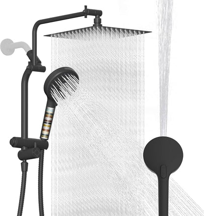 Metal 12" Rain Showerhead with 10-Spray Handheld, Easy Reach 4-way Diverter | Matte Black Finish, Upgraded High Pressure Shower Head with Pause Mode, 71" Stainless Steel Hose/12" Extension Arm