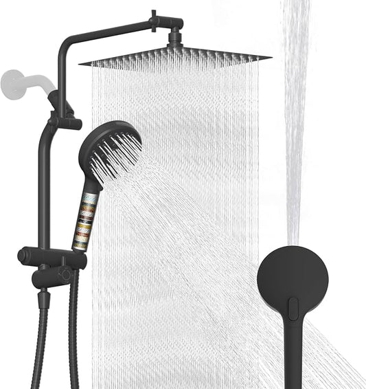 Metal 12" Rain Showerhead with 10-Spray Handheld, Easy Reach 4-way Diverter | Matte Black Finish, Upgraded High Pressure Shower Head with Pause Mode, 71" Stainless Steel Hose/12" Extension Arm