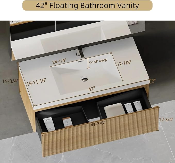 42'' Floating Bathroom Vanity with Sink, Wall-Mounted Bathroom Storage Cabinet with Soft-Close Striped Drawer & Solid Surface Basin, Modern Natural Oak Body with Internal Handle, Wood