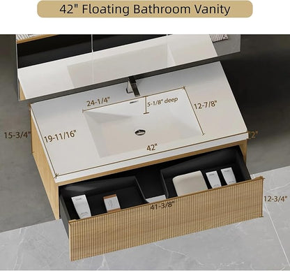 42'' Floating Bathroom Vanity with Sink, Wall-Mounted Bathroom Storage Cabinet with Soft-Close Striped Drawer & Solid Surface Basin, Modern Natural Oak Body with Internal Handle, Wood