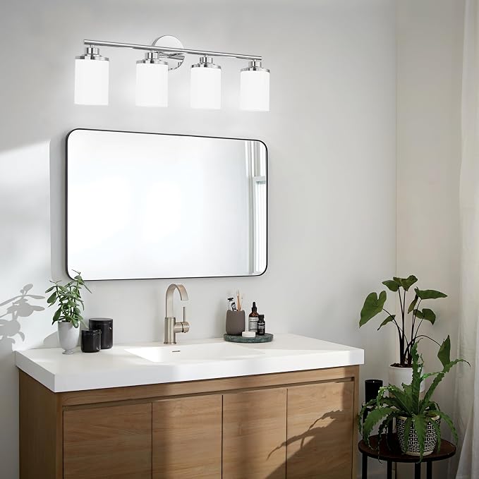 Chrome Mid-Century Modern Bathroom Sconce with Frosted Glass, 4-Light Vanity Lights Over Mirror