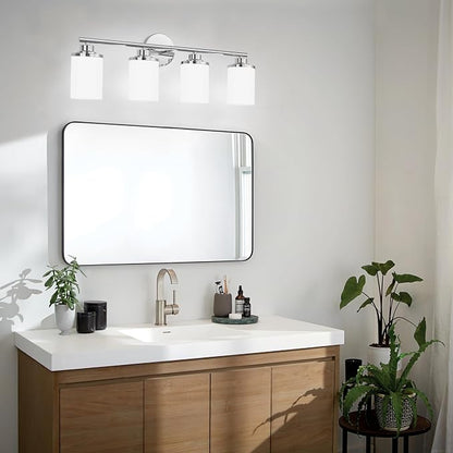 Chrome Mid-Century Modern Bathroom Sconce with Frosted Glass, 4-Light Vanity Lights Over Mirror