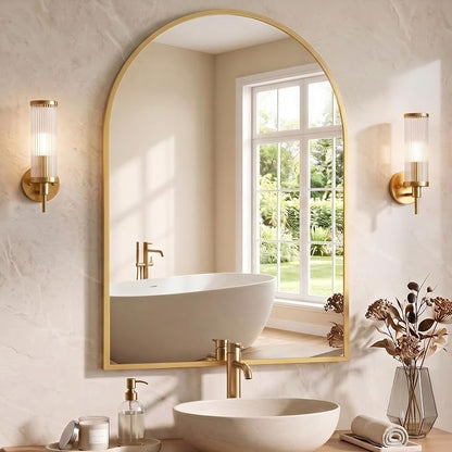 NEWBULIG 38"X30" Arched Bathroom Mirror for Over Sink, Wall Vanity Mirror | Tempered Glass, Anti-Rust Arched Metal Framed, Hanging or Leaning, Farmhouse Home Decor, Gold