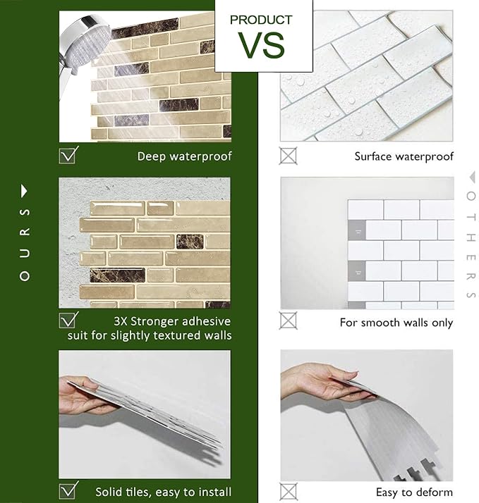 STICKGOO Thicker Peel and Stick Backsplash Tile for Kitchen and Bathroom | 10 Sheets of 12”×12” - 3D Vinyl Self Adhesive Wall Tiles Stick on Backsplash for Kitchen & Bathroom(Reddish Brown)