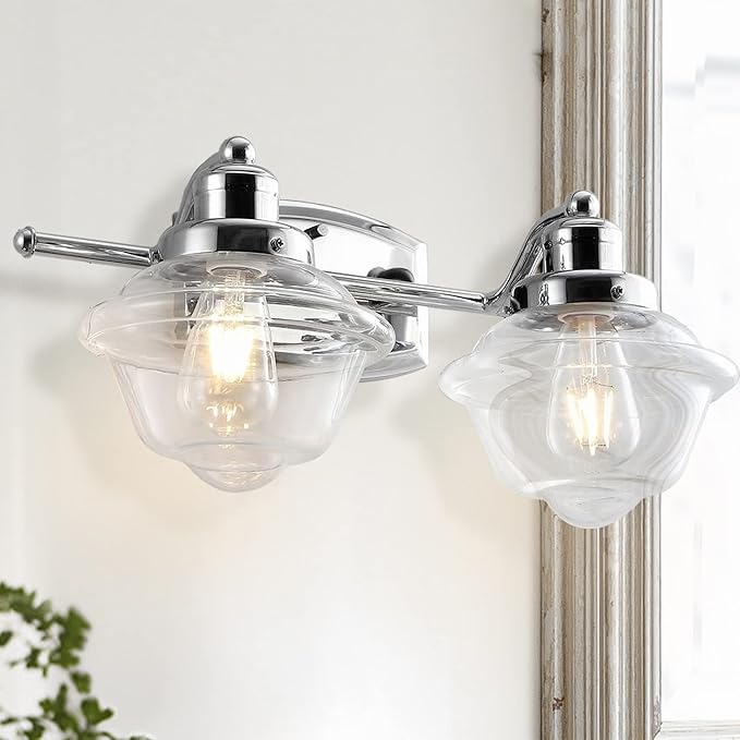 JONATHAN Y 16.75" Chrome Schoolhouse LED Vanity Light, Mid-Century Wall Sconce for Bathroom Kitchen Hallway, Clear Glass Shade, 2700K LED Bulb Included (JYL3531A)