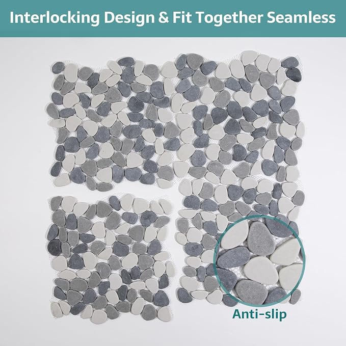 Pebble Tile, Grey with White Pebble Tiles for Shower Floor Kitchen Backsplash Bathroom Wall and Floor Tile, 5 Sheets