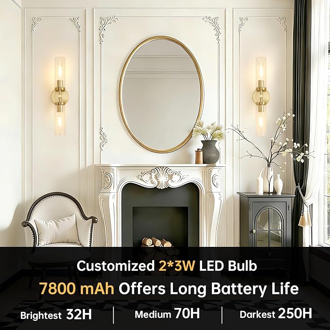 Shenmoyl Set of 2 Wall Sconces, 7800 mAh Battery Operated Wall Sconce with 3 Colors & Remote Control, Gold Rechargeable Wall Lamp with Clear Glass Shade for Bedroom, Bathroom, Living Room, Hallway