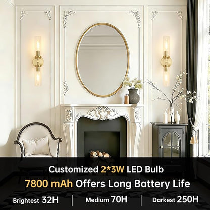Shenmoyl Set of 2 Wall Sconces, 7800 mAh Battery Operated Wall Sconce with 3 Colors & Remote Control, Gold Rechargeable Wall Lamp with Clear Glass Shade for Bedroom, Bathroom, Living Room, Hallway