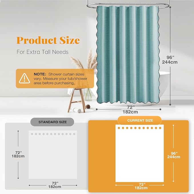 BTTN Extra Long Boho Scalloped Linen Textured Shower Curtain, 72x96, Teal | Extra Tall Size, 230GSM Waterproof Polyester, Heavy Duty Fabric, 12 Plastic Hooks, Elegant Farmhouse Style, Machine Washable