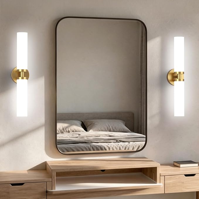 Wall Sconces Set of 2 Hardwired Bathroom Light Fixtures E26 Base | Brushed Gold, 22Inch, Modern Vanity Wall Lighting with Milky White Glass Shade, for Mirror Bedroom Living Room Hallway