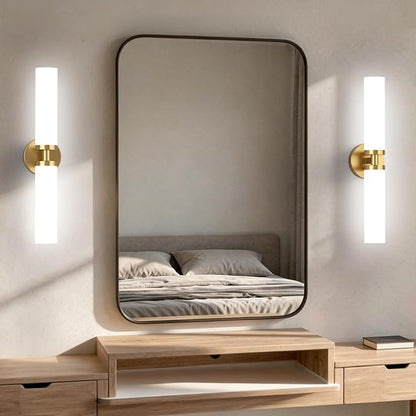 Wall Sconces Set of 2 Hardwired Bathroom Light Fixtures E26 Base | Brushed Gold, 22Inch, Modern Vanity Wall Lighting with Milky White Glass Shade, for Mirror Bedroom Living Room Hallway