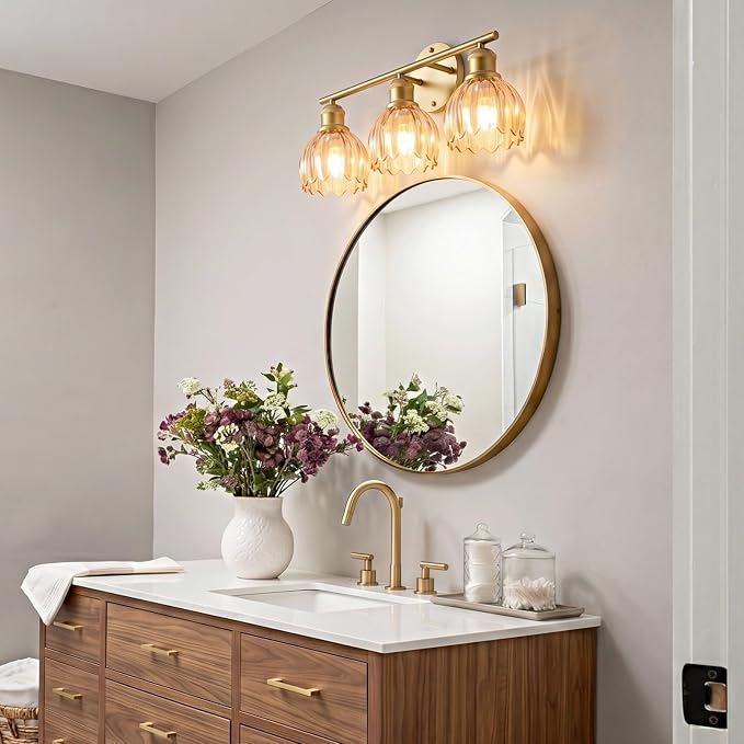 Bathroom Light Fixtures, 3-Light Brushed Gold Vanity Lights for Bathroom with Amber Tulip Glass Shade, 20" Vintage Bathroom Vanity Lighting Fixtures Over Mirror for Bedroom Living Room Hallway