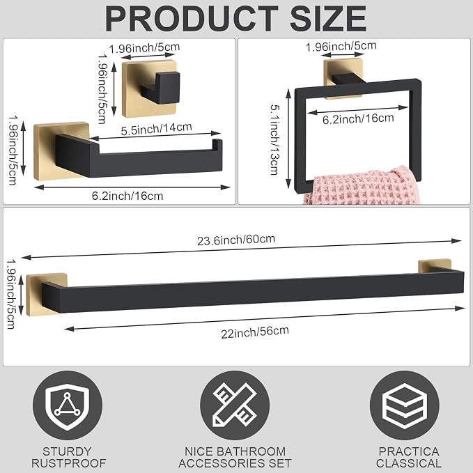 Gisafai 30 Pcs Black Gold Bathroom Hardware Accessories Set 23.6 Inch Bath Towel Bar Kit Stainless Steel Bathroom Hardware Set Towel Racks Ring Robe Hooks Paper Holder for Wall Mounted