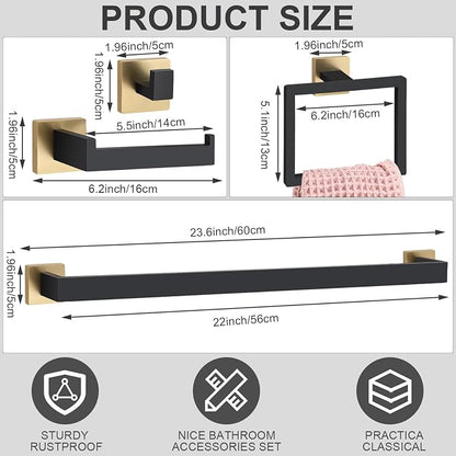 Gisafai 30 Pcs Black Gold Bathroom Hardware Accessories Set 23.6 Inch Bath Towel Bar Kit Stainless Steel Bathroom Hardware Set Towel Racks Ring Robe Hooks Paper Holder for Wall Mounted