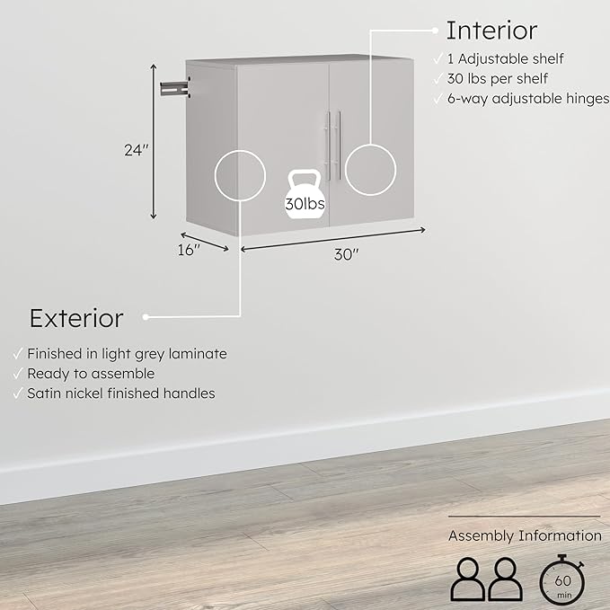 Prepac HangUps 30" Wide Upper Garage Storage Cabinet, Wood Hanging Wall Cabinet for Laundry Room, Wall Mounted Storage with Adjustable Shelf, Floating Cupboard with Metal Hanging Rail, Light Gray