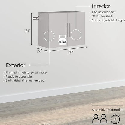 Prepac HangUps 30" Wide Upper Garage Storage Cabinet, Wood Hanging Wall Cabinet for Laundry Room, Wall Mounted Storage with Adjustable Shelf, Floating Cupboard with Metal Hanging Rail, Light Gray