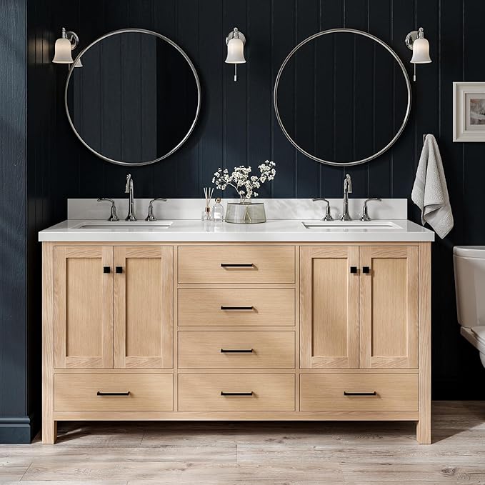ARIEL Cambridge 66-inch Bathroom Vanity with Sink,Solid Wood, 1.5-inch Pure White Quartz Countertop, Double Rectangular Porcelain Sink, 4 Soft Closing Doors, 6 Dovetail Drawers, White Oak