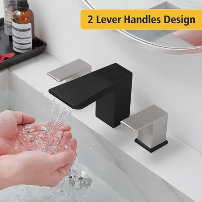 BESy Bathroom Faucet 3 Holes Two Handles Vanity Widespread 8 Inch Bathroom Sink Faucet, Waterfall Bathroom Sink Faucet with cUPC Supply Hoses, Pop Up Drain, Stainless Steel, Matte Black with Nickel