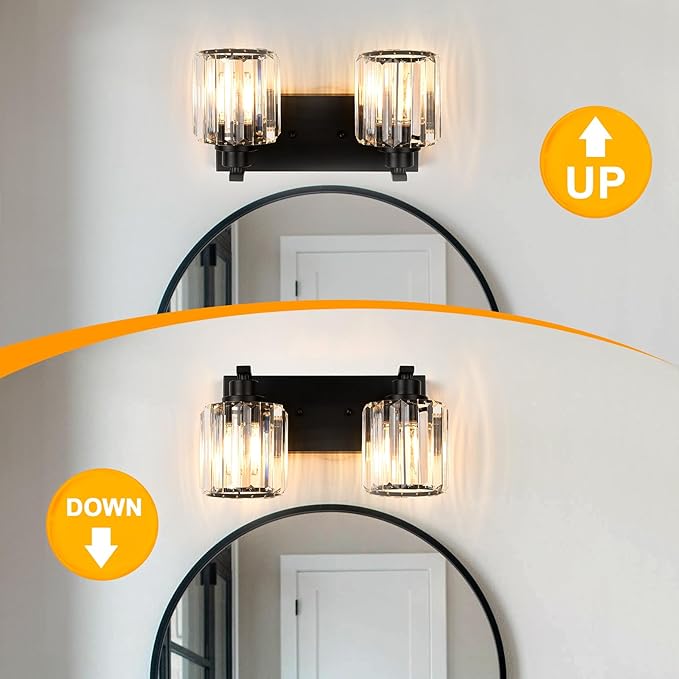 2 Lights Crystal Bathroom Vanity Light Modern Black Bathroom Light Fixture Over Mirror Vanity Lights for Bedroom,Restroom,Hallway E26 Base