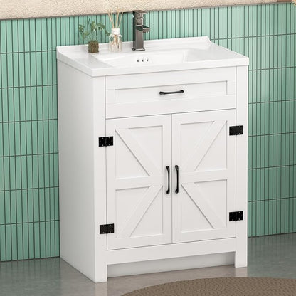 24 Inch Bathroom Vanity with Sink, Small Bathroom Sink Cabinet with 2 Barn Doors, White Single Sink Bath vanities Combo (19" D x 24" W x 36" H)