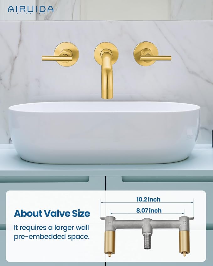 Airuida Wall Mounted Bathroom Sink Faucet,Brushed Gold Vanity Sink Faucet | Lever Handle,3 Holes,360° Widespread Swivel Spout,Rotatable Bathroom Faucet