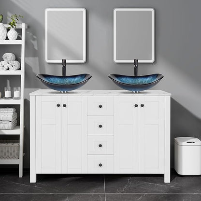 48" White Bathroom Vanity with Marble Texture Top and 4 Drawers, Modern Standing Pedestal Cabinet with Two Boat Blue Glass Vessel Sinks