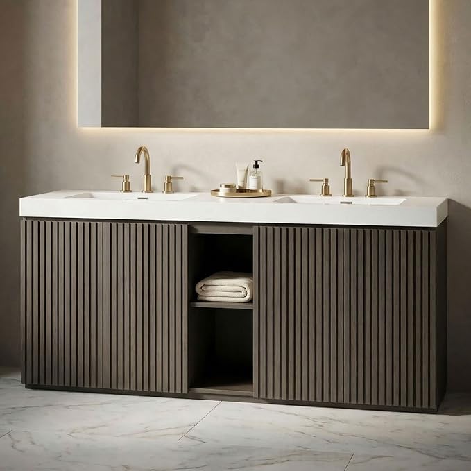 72" Bathroom Vanity with Sink Combo, Mid Century Modern Bathroom Cabinet with 4 Doors & Open Shelf, Glossy White Integrated Sink with Overflow, Dark Grey Oak