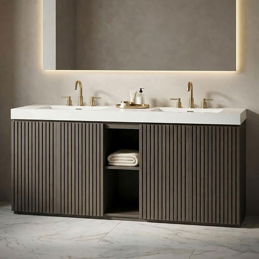 72" Bathroom Vanity with Sink Combo, Mid Century Modern Bathroom Cabinet with 4 Doors & Open Shelf, Glossy White Integrated Sink with Overflow, Dark Grey Oak
