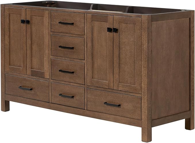 ARIEL Cambridge 60-inch Bathroom Vanity Base Cabinet,Solid Wood, 4 Soft Closing Doors, 6 Dovetail Drawers, Brown Oak
