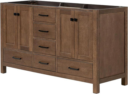 ARIEL Cambridge 60-inch Bathroom Vanity Base Cabinet,Solid Wood, 4 Soft Closing Doors, 6 Dovetail Drawers, Brown Oak