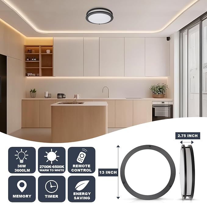 LED Flush Mount Ceiling Light Fixture Remote Dimmable Brushed Nickel, Easy Install LED Ceiling Lamp Without Flicker, Super Bright 36W 3600LM Warm to White Light 2700K to 6500K 2-Pack