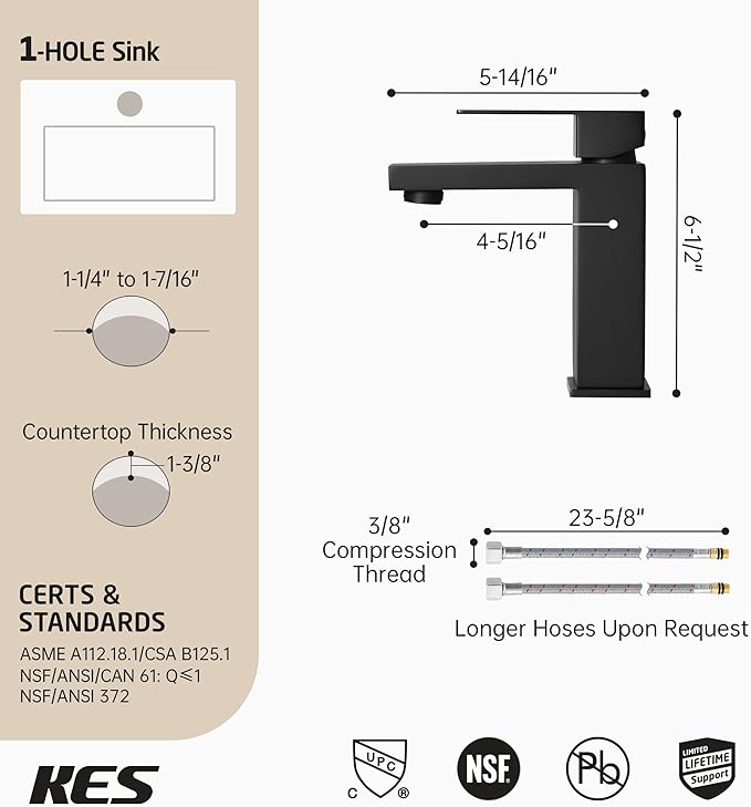 KES Black Bathroom Faucet Single Hole Bathroom Sink Faucet Single Handle Lavatory Vanity Sink Stainless Steel cUPC Certified Matte Black, L3156ALFF12-BK