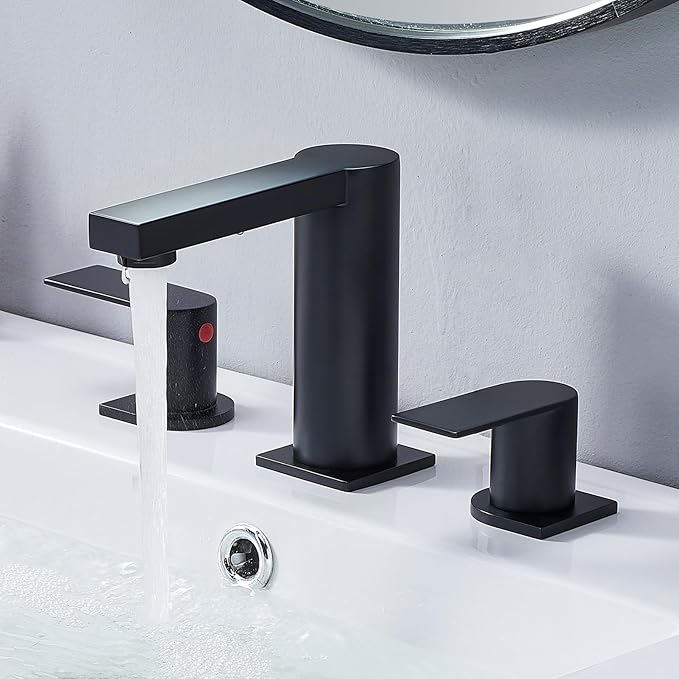 Bathroom Faucet Black 3 Hole, Matte Black Widespread Bathroom Faucet, 2-Handle 8-Inch Center Mount Bathroom Sink Faucet with Hose and Pop-Up Drain for RV Bath Vanity Lavatory, VAL079BRH