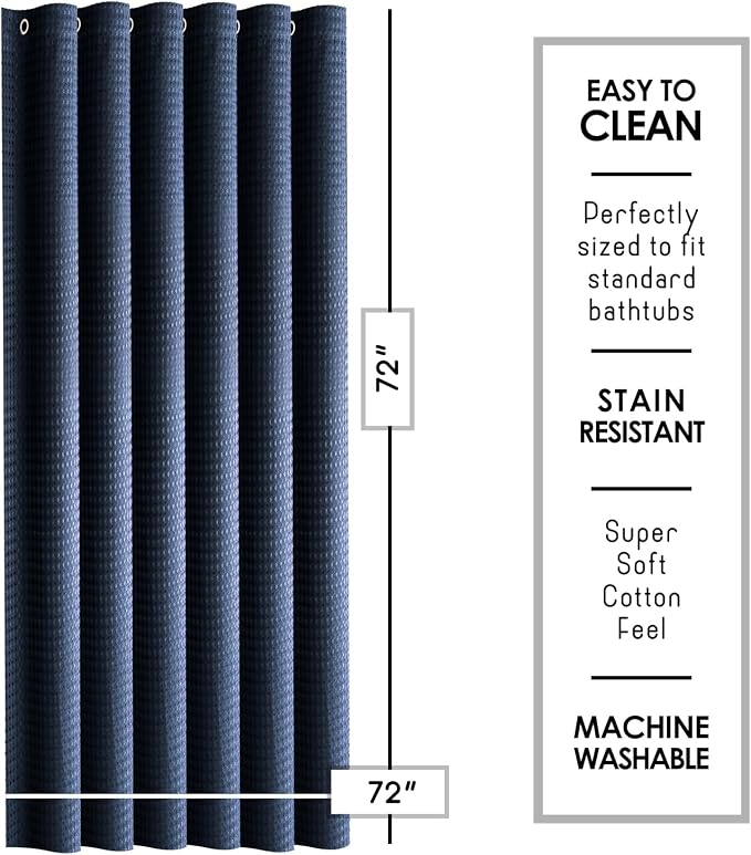 Clara Clark Navy Blue Shower Curtain - Hotel Quality Waffle Fabric Bath Curtain 72x72, Heavy Duty Waterproof Shower Curtains for Bathroom