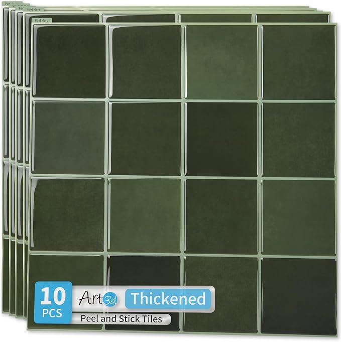 Art3d 10-Pack Heavy-Duty Peel and Stick Backsplash, 12x12 Inch Self-Adhesive Wall Tile Stick on Kitchen Countertop, Green