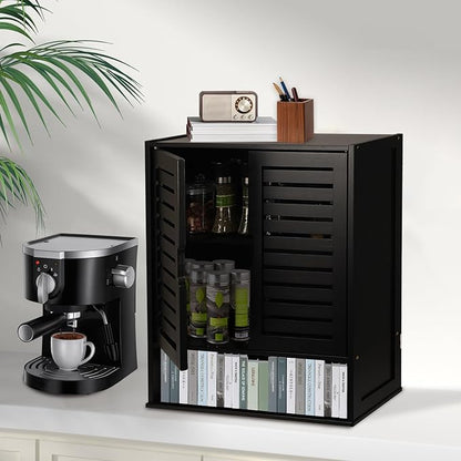 HYNAWIN Black Wall Mounted Bathroom Storage Cabinet with Shutter Doors, Adjustable Shelf, Magnetic Lock & Open Shelf for Kitchen, Living Room, or Entryway