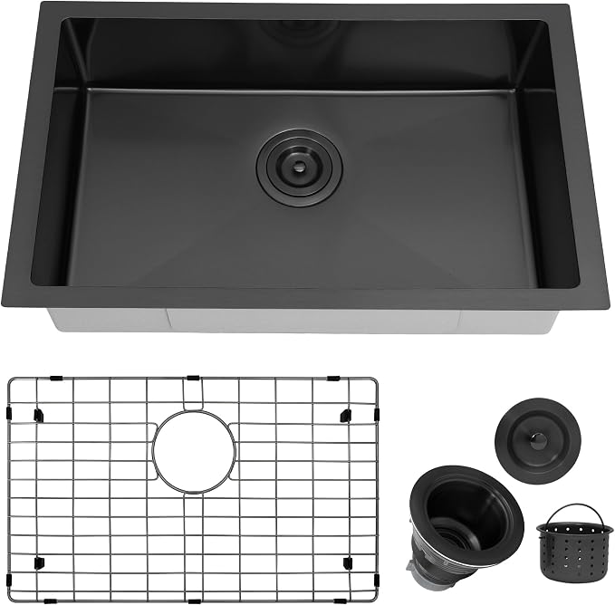 Kitsitchen Black RV Kitchen Sink,16 Gauge T304 Stainless Steel Undermount Kitchen Sinks with Strainer & Bottom Gird, 25"x16"x7" Single Bowl Drop In Kithcen Sink RV, Outdoor,Bathroom and Trailer