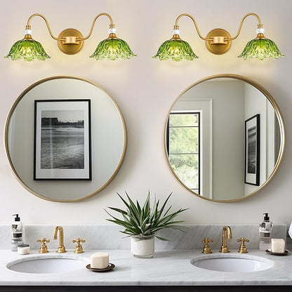 Vintage Bathroom Vanity Light, 2-Light Matte Brass Finish Vanity Light with Floral Green Glass Shades, Retro Wall Sconce for Bathroom, Dressing Table